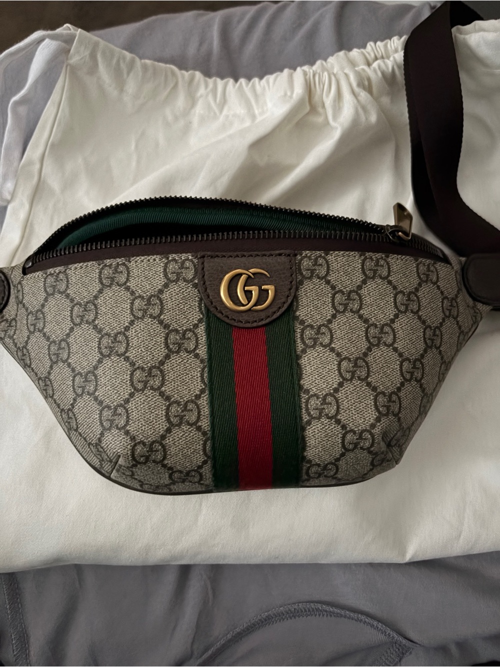 Gucci GG Supreme Canvas Belt Bag with Green and Red Web Stripe